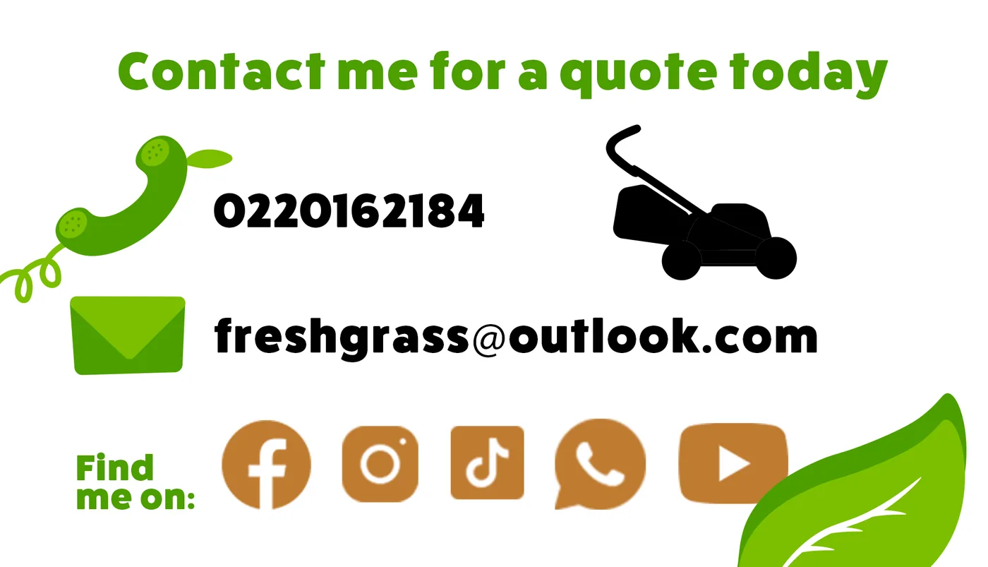 Fresh Grass business card, back: phone, email and social media links