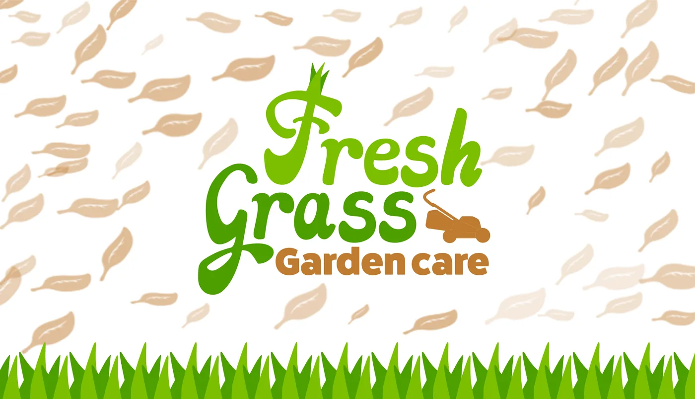 Fresh Grass Garden Care business card, front: logo on a leaf pattern